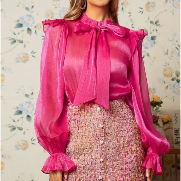 Sexy Sheer Flounce Long Sleeve Neck Tie Top Blouse Shirt Red - Picture 9 of 11